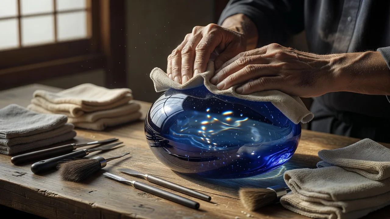 ガラス作品を研磨する職人